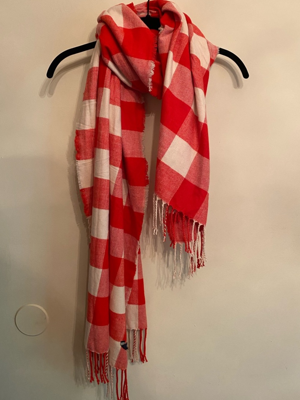 J. Crew Red and White Checkered Blanket Scarf with Fringe
